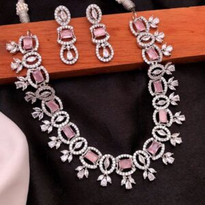 Luxury Silver Polish American Diamond Pink Stone Festive Jewelry Set