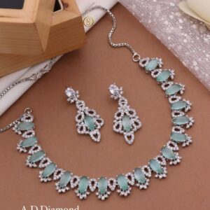 Elegant Silver-Plated Mint Green Oval Gemstone Choker Set with Drop Earrings