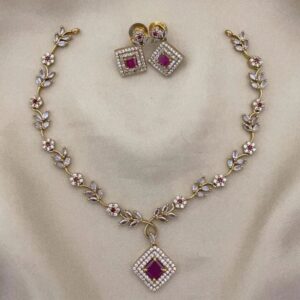 Elegant Floral Gold-Plated Necklace Set with Ruby & CZ Stones