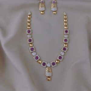 Gold-Plated Magenta Pink Stone Necklace Set with Geometric Pendant