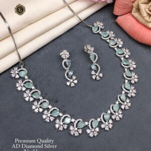 Premium Quality Mint Green Stone AD Diamond Silver Necklace Set