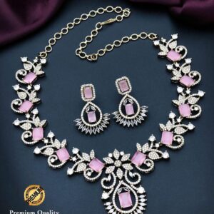 Premium Quality Victoria Polish Pastel Pink Stone AD Necklace Set