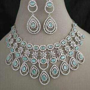 Royal Silver-Plated American Diamond Bridal Choker with Mint Green Teardrop Drops