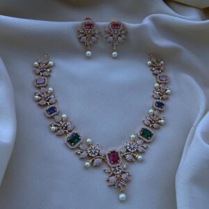 Elegant Multi-Color Stone Choker Necklace Set with Pearls and Matching Earrings