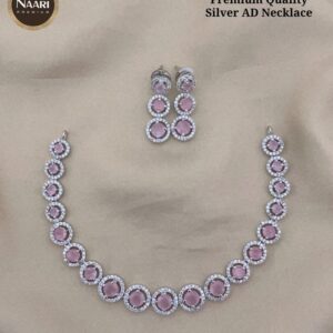 Elegant Silver Finish Circular Pink Stone Necklace Set for Women