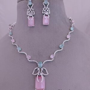 Riaa Elegant Silver-Plated Pastel Pink and Mint Green Stone Necklace Set