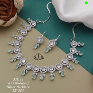 Elegant Silver-Plated Halo Circular Choker Set with Mint Green Teardrop Drops