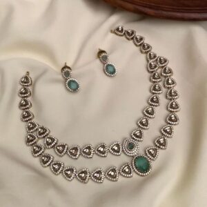 Elegant 2-Layer Matte Gold Triangle Motif Necklace with Green Stone Accents