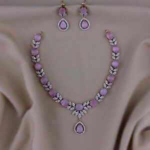 Romantic Pink Crystal Leaf Vine Necklace and Tear-Drop Earrings Set
