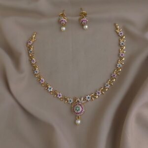 Gold-Plated Traditional Peacock and Floral Vine Multi-Color Stone Necklace Set