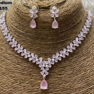 Rose Pink Floral Blossom Jewelry Set - Rhodium Finish