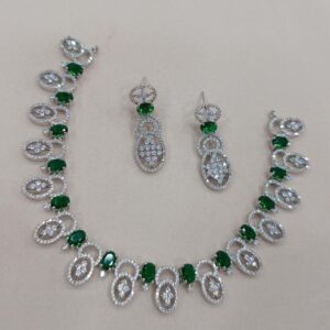 Exclusive Silver Finish Oval Emerald Green and American Diamond Choker Set