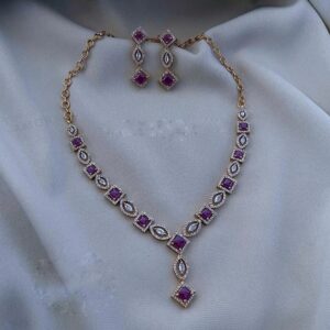 Modern Deep Pink Stone and American Diamond Delicate Necklace Jewelry Set