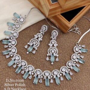 Elegant Silver finish American Diamond Choker Set with Mint Green Drops