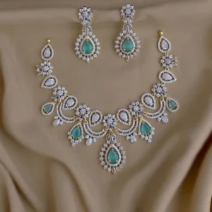 Royal Silver Finish American Diamond Floral Vine Choker with Hanging Earrings