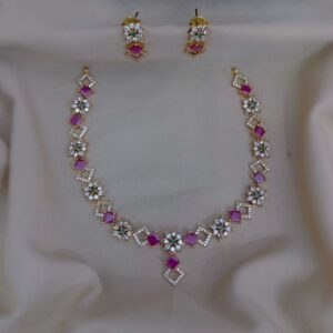 Elegant Ruby Pink Square Stone Choker with Dainty White Flower Motifs