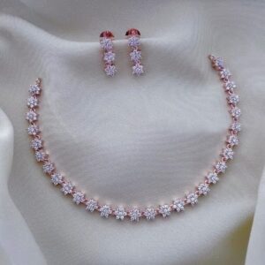 Delicate Single-Line AD Crystal Flower Necklace and Linear Drop Earrings Set
