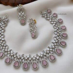 Royal Silver Finish American Diamond Pink Gemstone Wedding Jewelry Set
